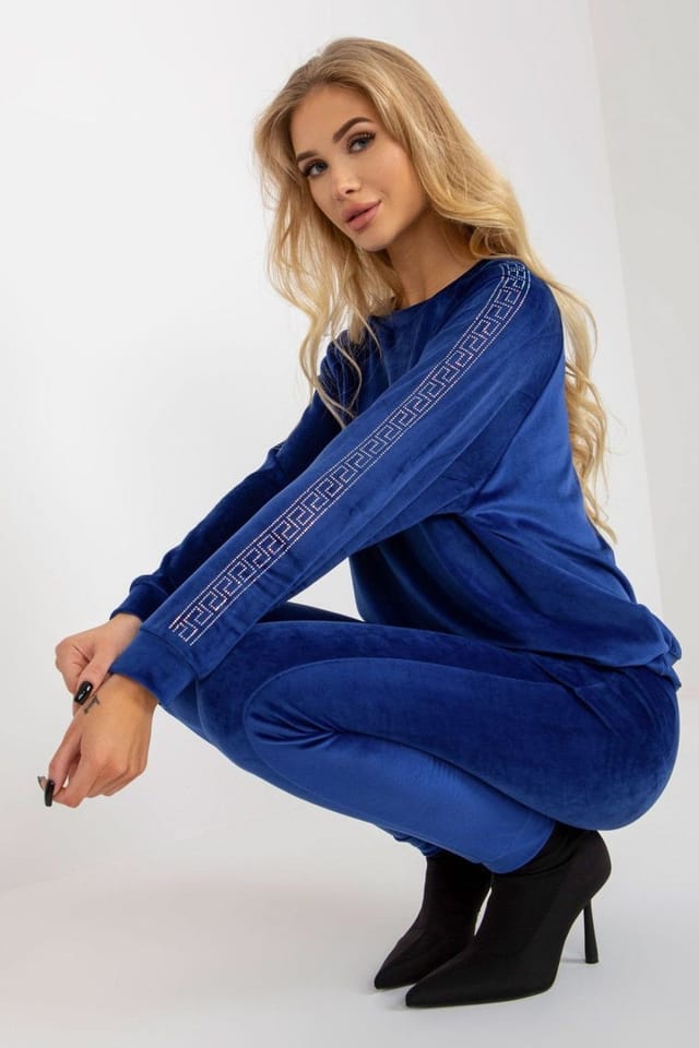 Love Lace Love Lace Women's Velour Rhinestone Sleeve Blouse Pant Set Style 177082 in Blue - 2