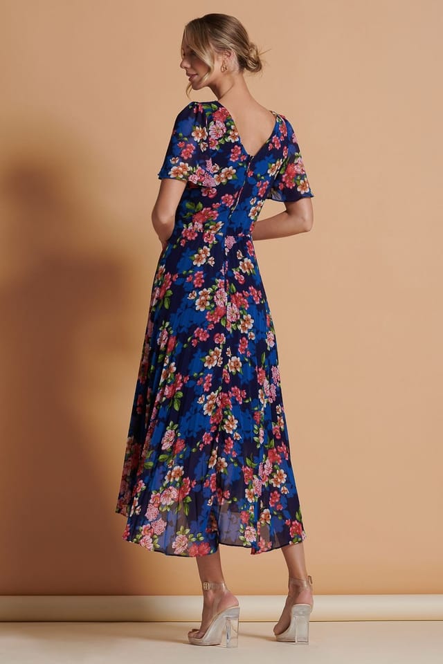 Jolie Moi Jolie Moi Women's Pleated Chiffon High Low Maxi Dress in Navy - 2