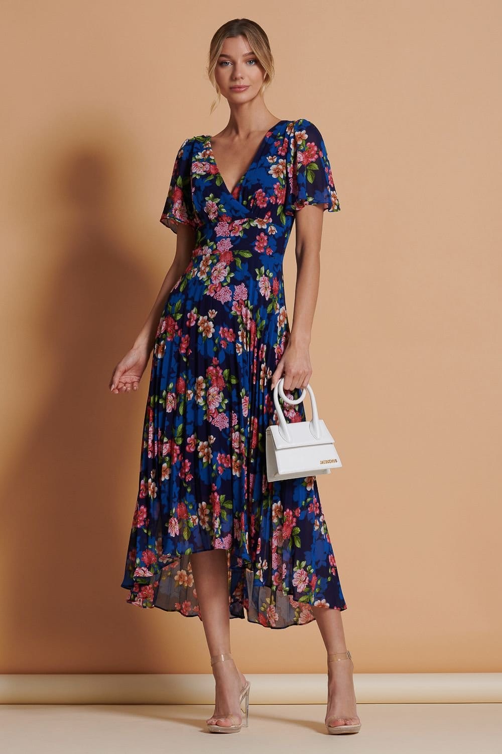 Jolie Moi Jolie Moi Women's Pleated Chiffon High Low Maxi Dress in Navy - 4