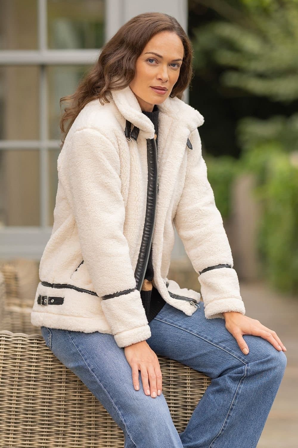 Klass. Klass. Women's Faux Leather Trimmed Teddy Zip Jacket in Beige