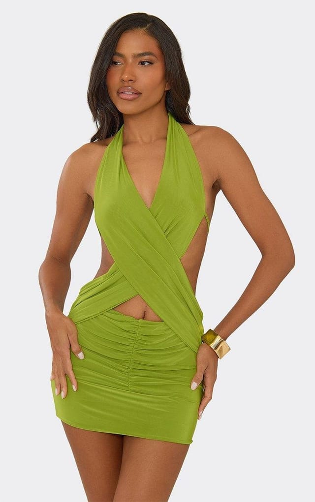 EGO Halterneck Cross Front Cut Out Mini Dress In Green, Women's Size UK 6 - 2