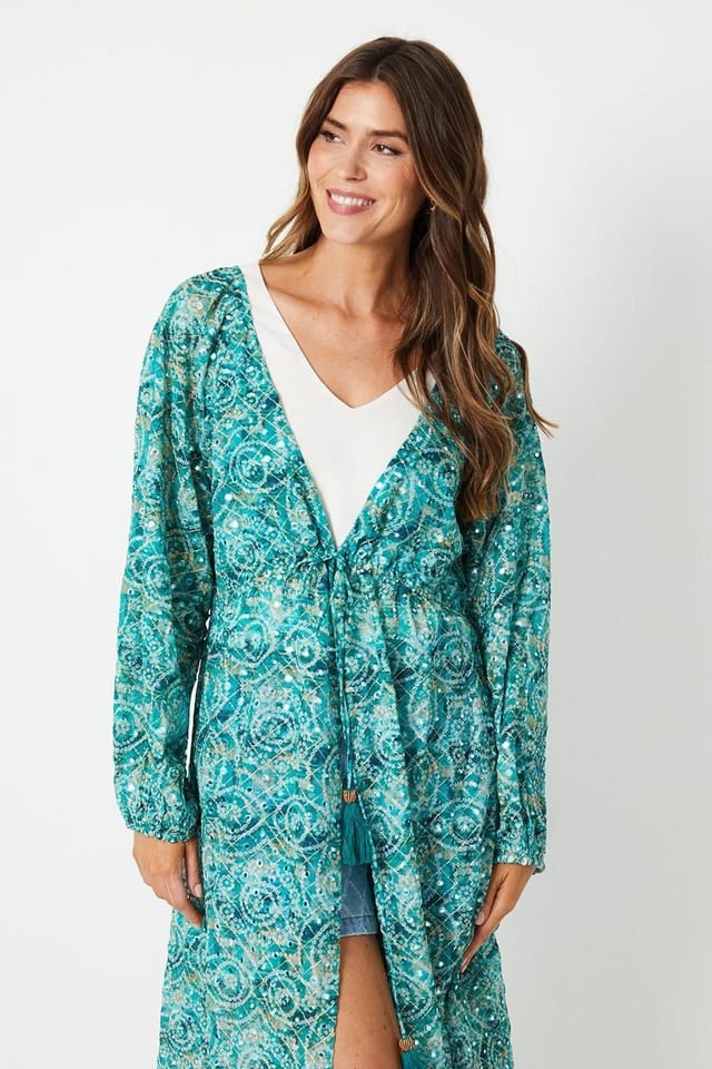Wallis Wallis Women's Geo Print Mirror Detail Kimono in Turquoise - 2