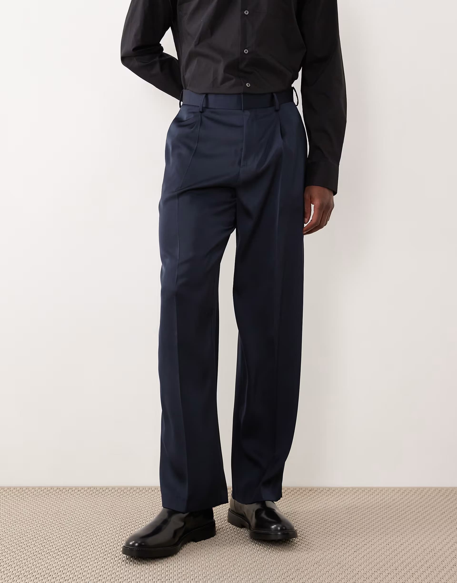 ASOS ASOS DESIGN smart pleated wide leg trousers in navy satin