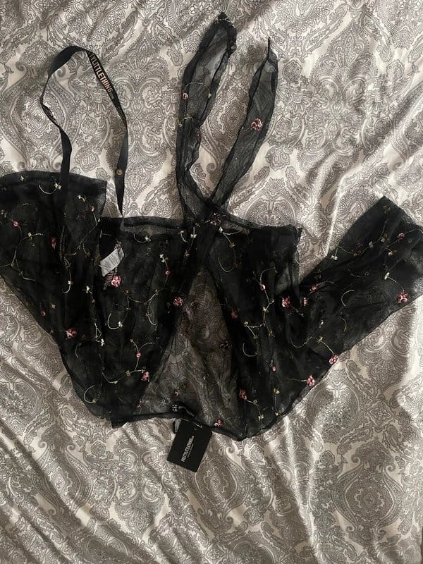 PrettyLittleThing Black Floral Mesh Cropped Cover Up