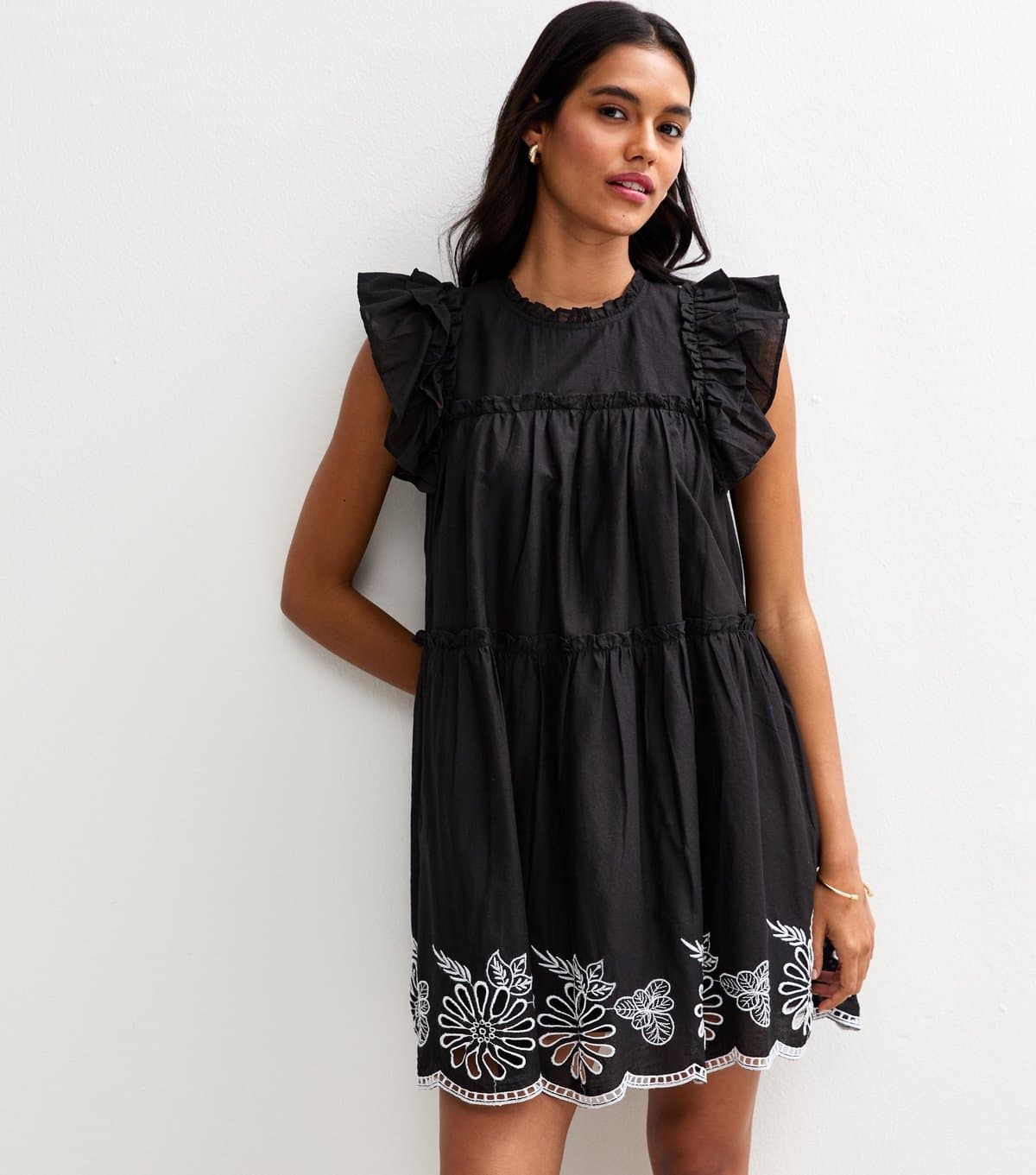 New Look Women's Black Floral Embroidered Frill Trim Mini Dress New Look