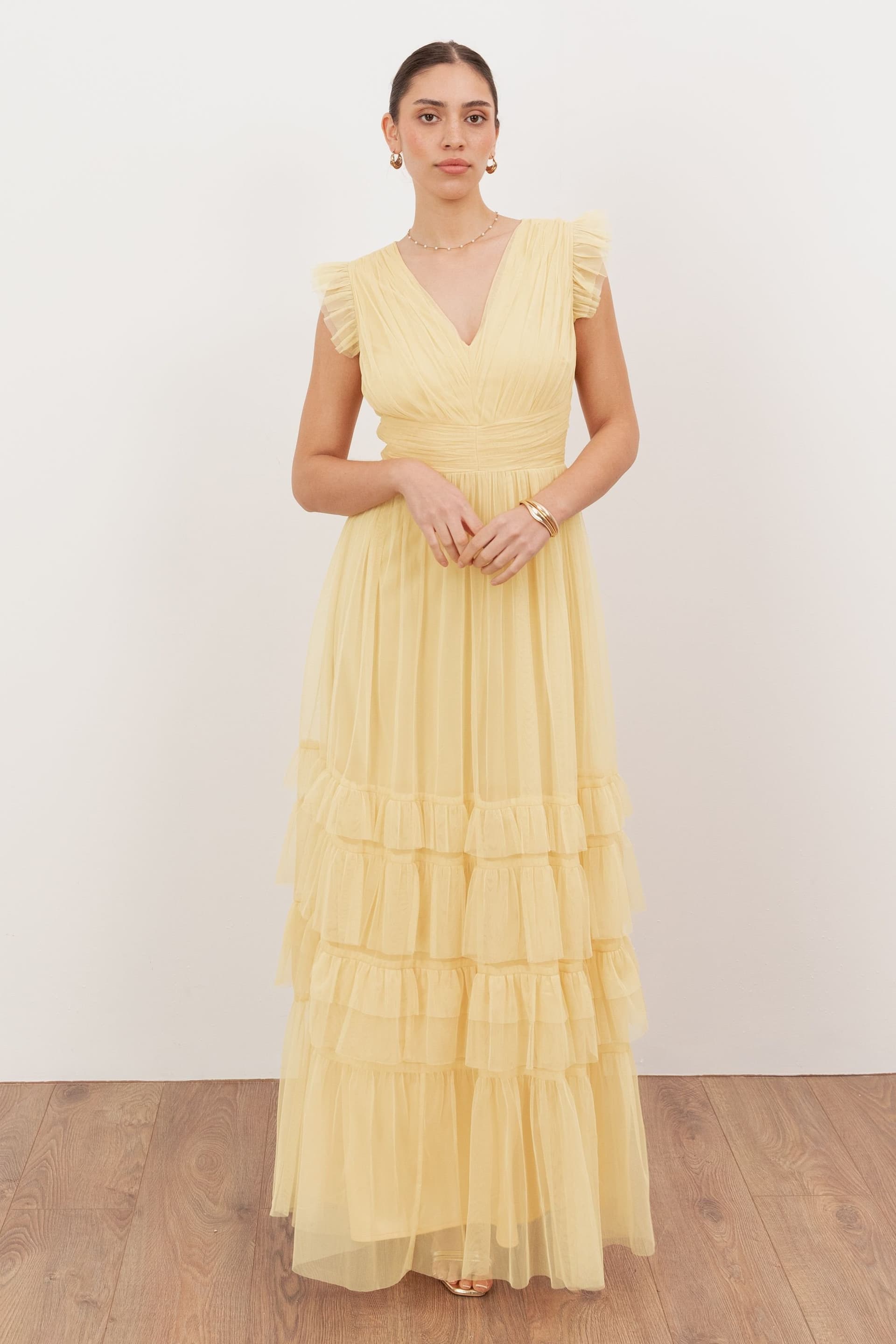 Anaya with Love Anaya with Love Women's Flutter Sleeve Ruffle Maxi Dress in Yellow
