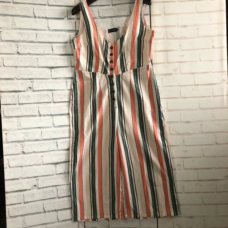 PLT PrettyLittleThing Women’s Striped Sleeveless Button Front Culotte Jumpsuit Size UK 14