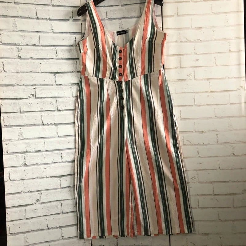 PLT Coral Green Black Cream Striped Sleeveless Jumpsuit