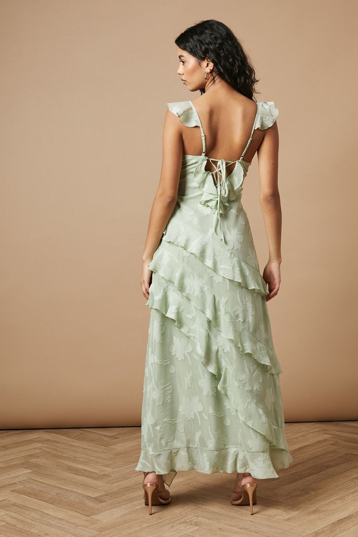 Oasis Oasis Women's Petite Ruffle Jacquard Print Maxi Dress in Sage - 3