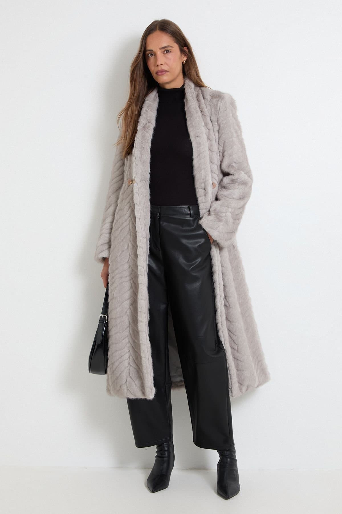 Wallis Wallis Women's Faux Textured Fur Shawl Collar Midi Coat in Grey