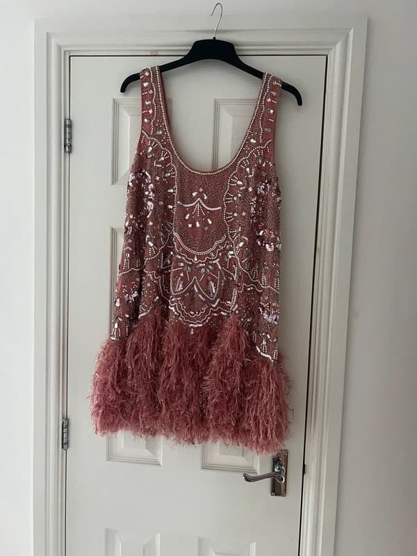 ASOS ASOS Luxe embellished scoop neck mini dress with faux feather hem in pink
