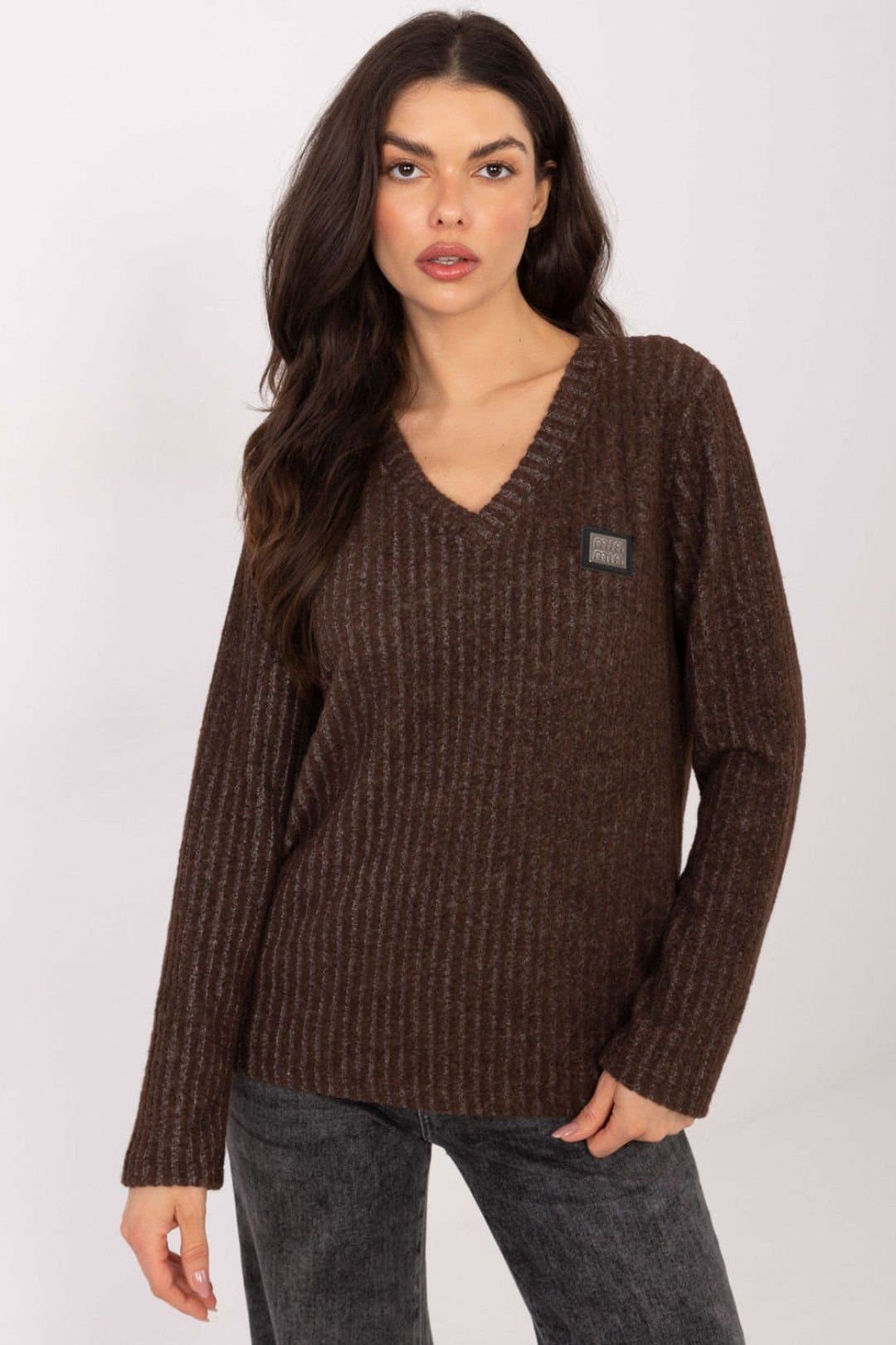 Love Lace Love Lace Women's Cotton V Neck Long Sleeve Sweater Patch in Brown