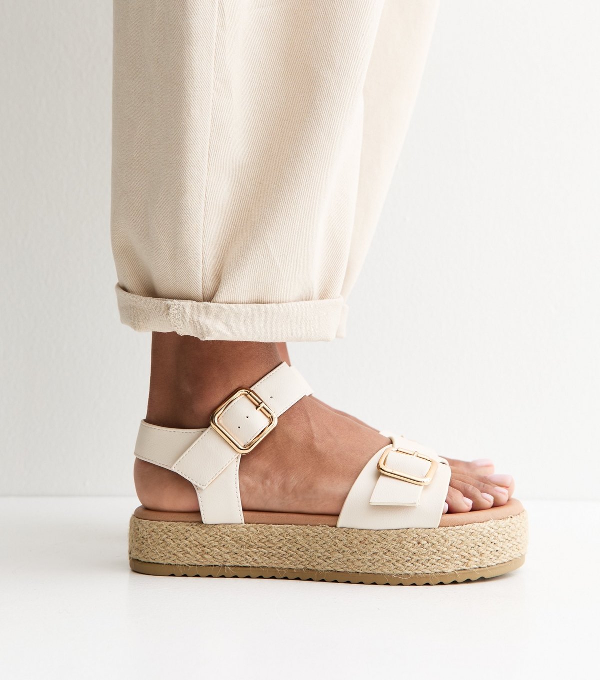 New Look Women's Wide Fit Off White Faux Leather Buckled Strap Flatform Sandals Vegan New Look - 2