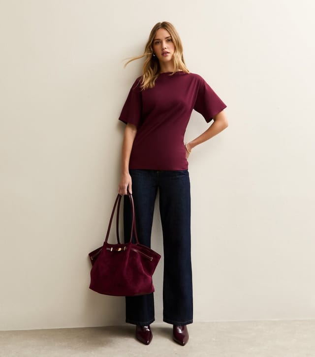 New Look Women's Dark Burgundy Fitted Waist Slash Neck T-Shirt New Look - 3