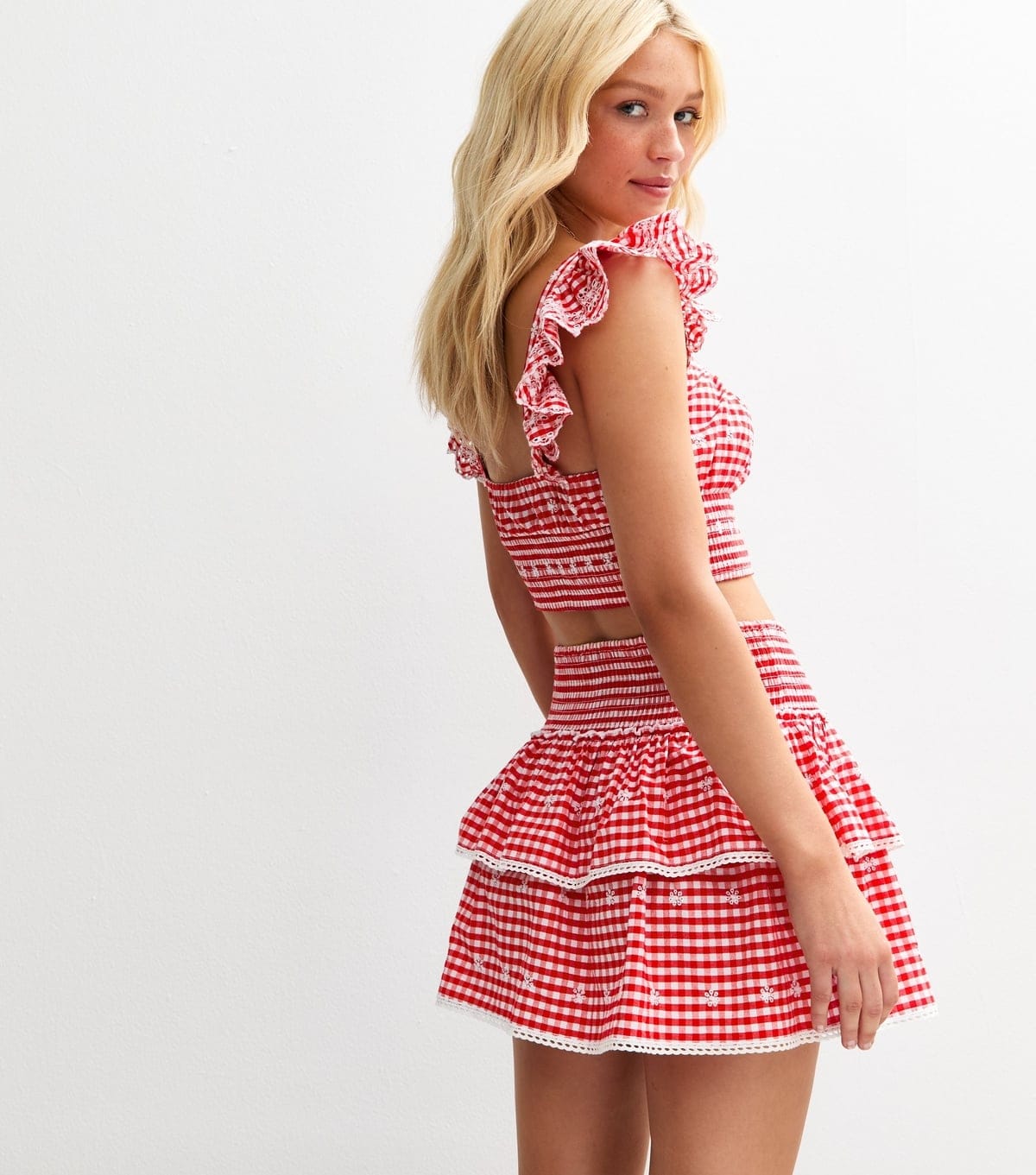 New Look Women's Red Gingham Print Tiered Mini Skirt New Look - 4