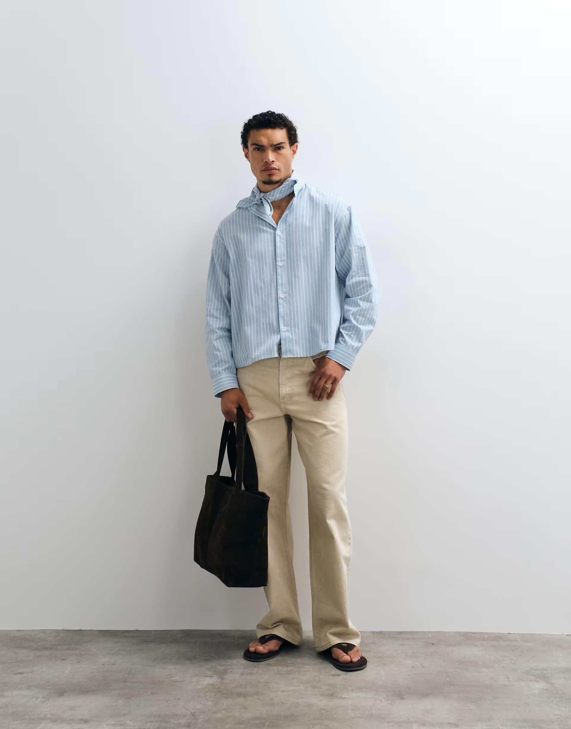 ASOS ASOS DESIGN boxy oversized poplin stripe shirt with neck tie in blue