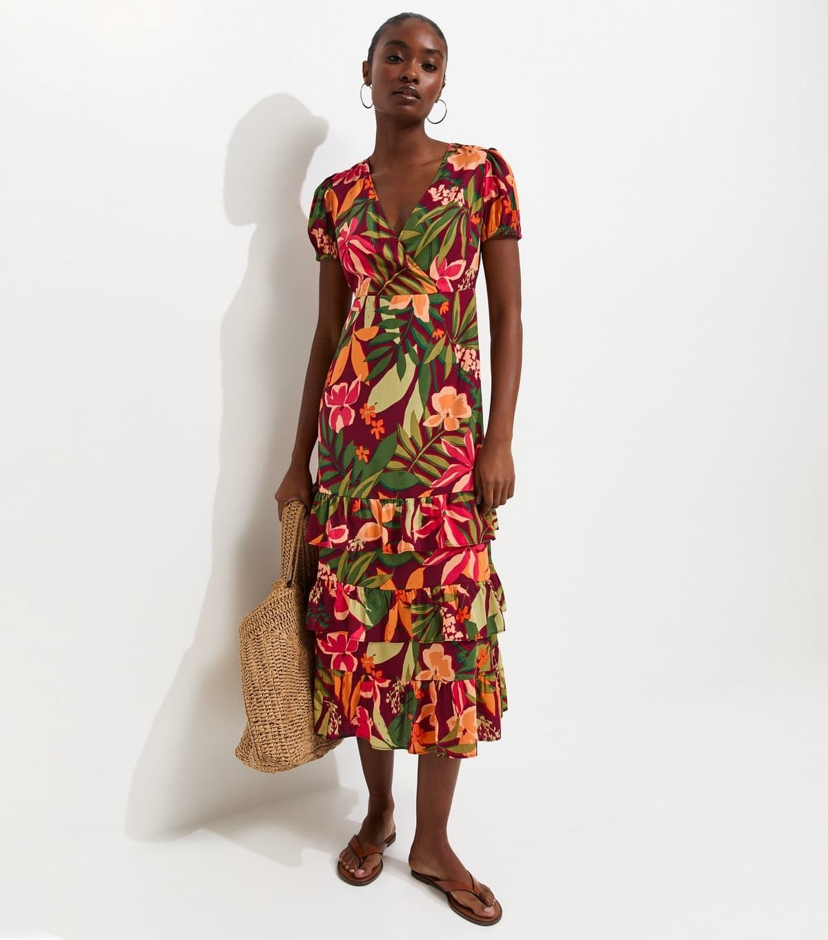 New Look Women's Red Floral Short Sleeve Tiered Midi Dress New Look