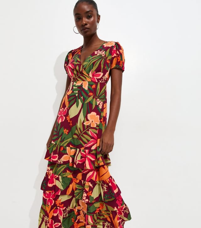 New Look Women's Red Floral Short Sleeve Tiered Midi Dress New Look - 2