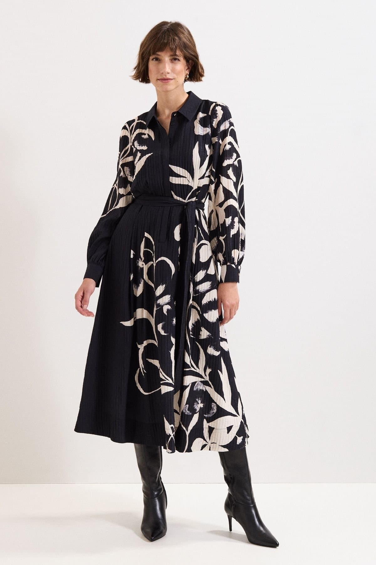 Phase Eight Phase Eight Women's Natalie Floral Collared Midi Shirt Dress in Black