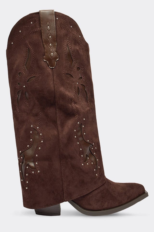 EGO EGO Women's Western Cowboy Cut Out Faux Suede Block Heel Boots in Dark Brown - 2