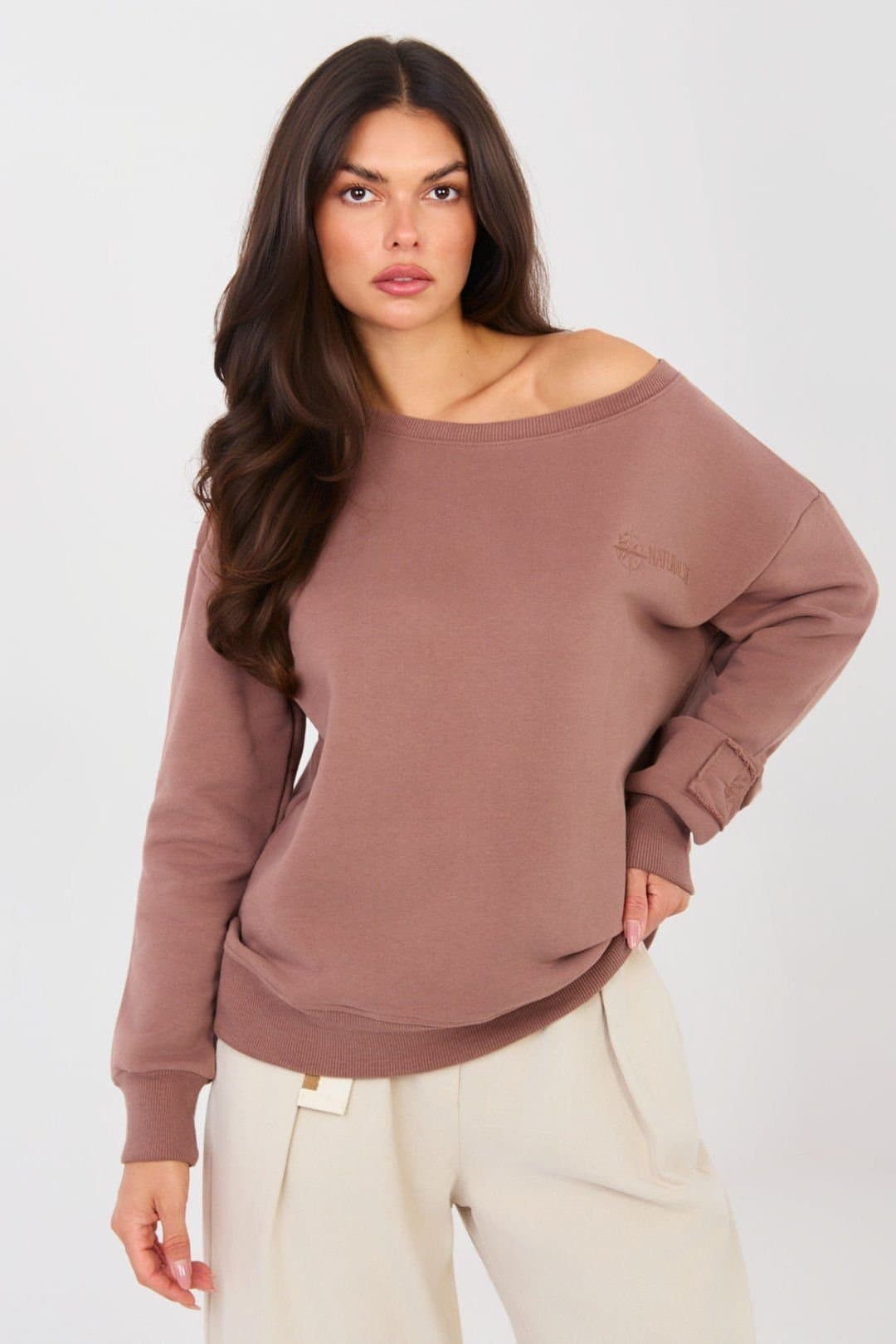 Love Lace Love Lace Women's Cotton Blend Boat Neck Embroidered Sweatshirt in Brown