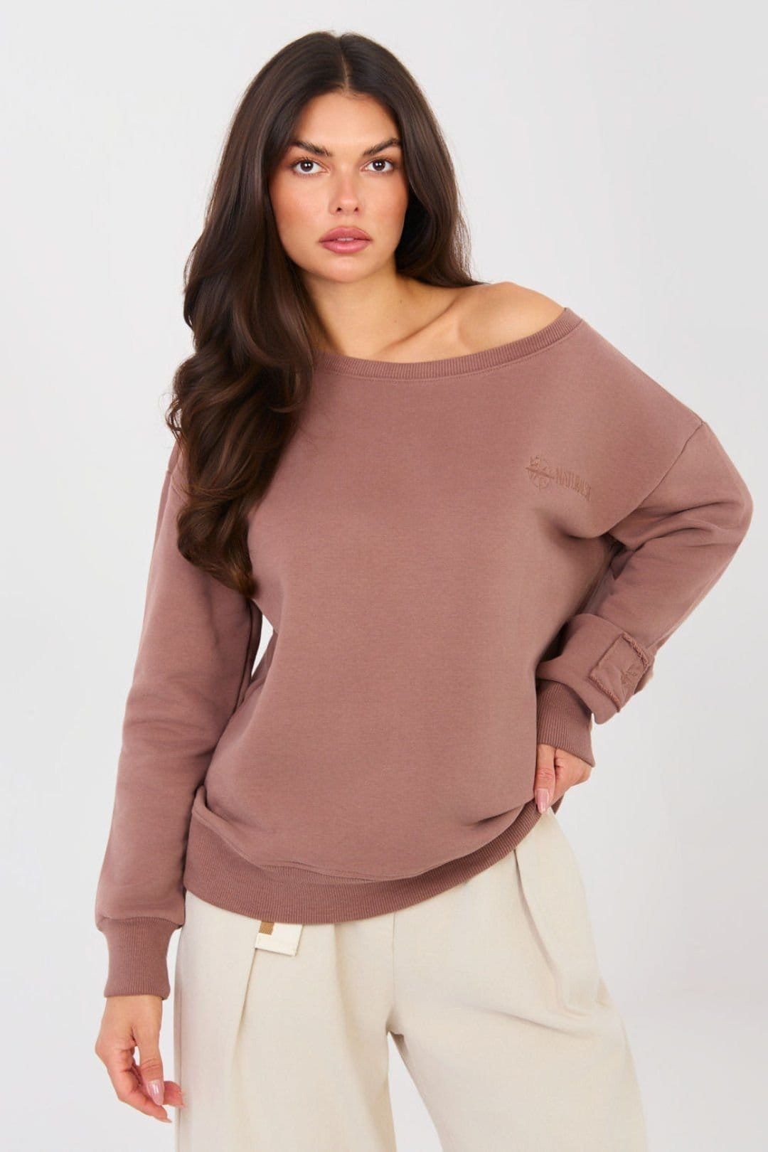 Love Lace Brown Boat Neck Embroidered Sweatshirt