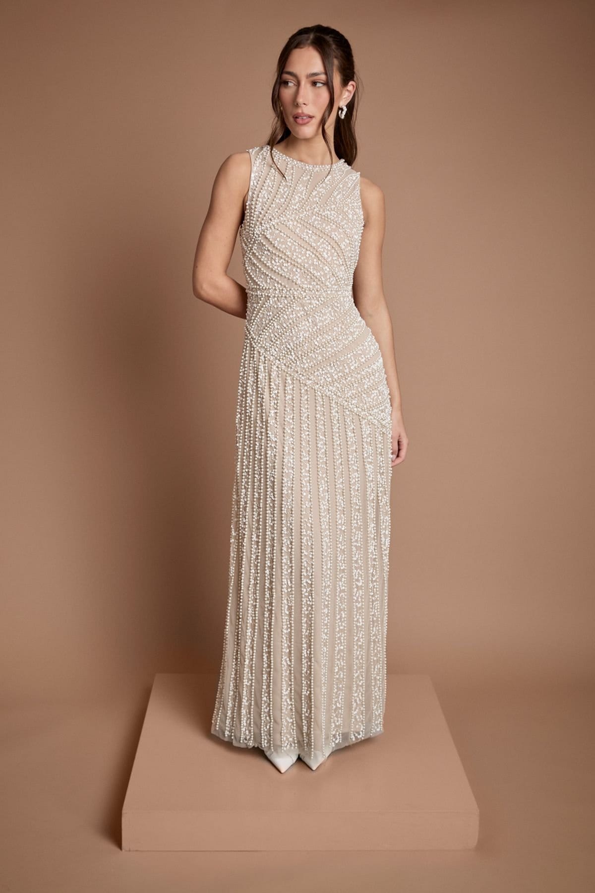 Coast Coast Women's Crew Neck Linear Beadwork Wedding Dress in Oyster - 4