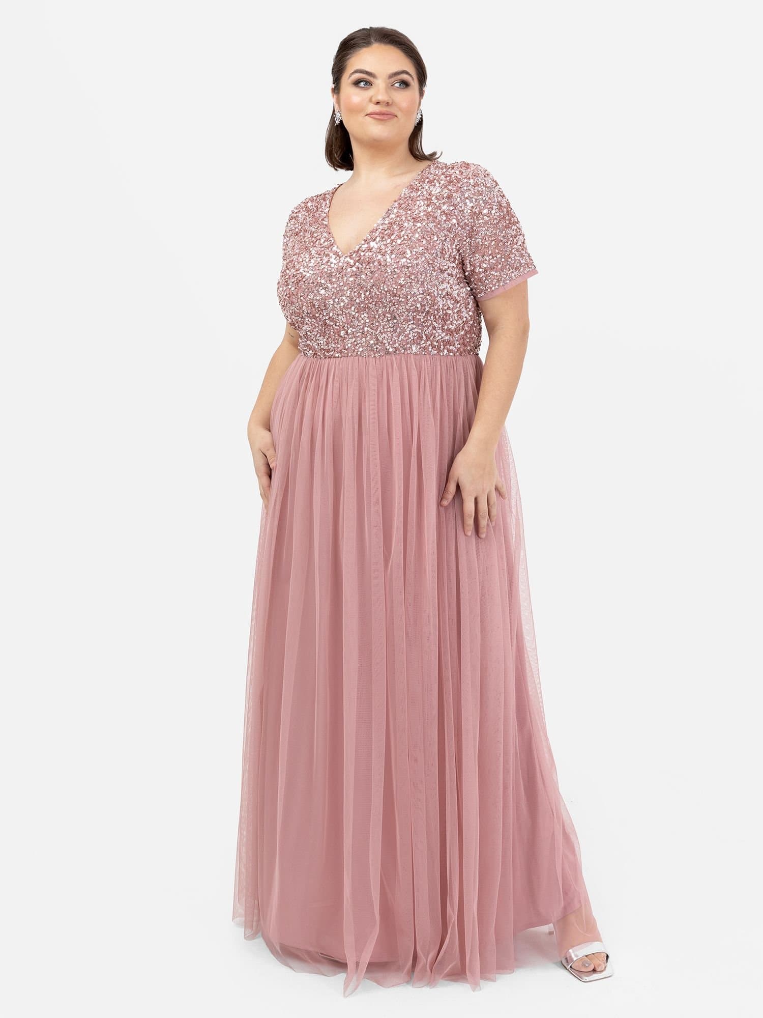 Maya Deluxe Maya Deluxe Women's Short Sleeve V Neck Embellished Maxi Dress in Dusty Pink