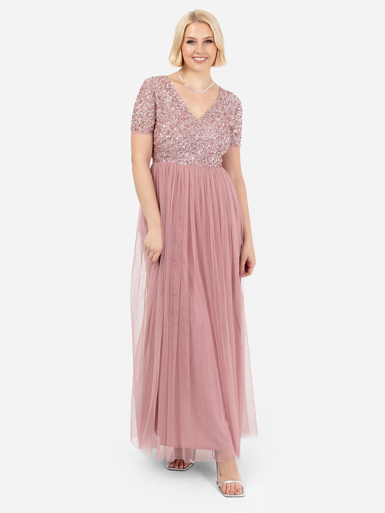 Maya Deluxe Maya Deluxe Women's Short Sleeve V Neck Embellished Maxi Dress in Dusty Pink - 2