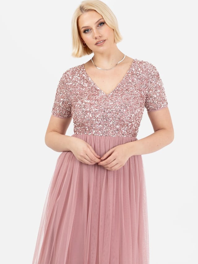 Maya Deluxe Maya Deluxe Women's Short Sleeve V Neck Embellished Maxi Dress in Dusty Pink - 3