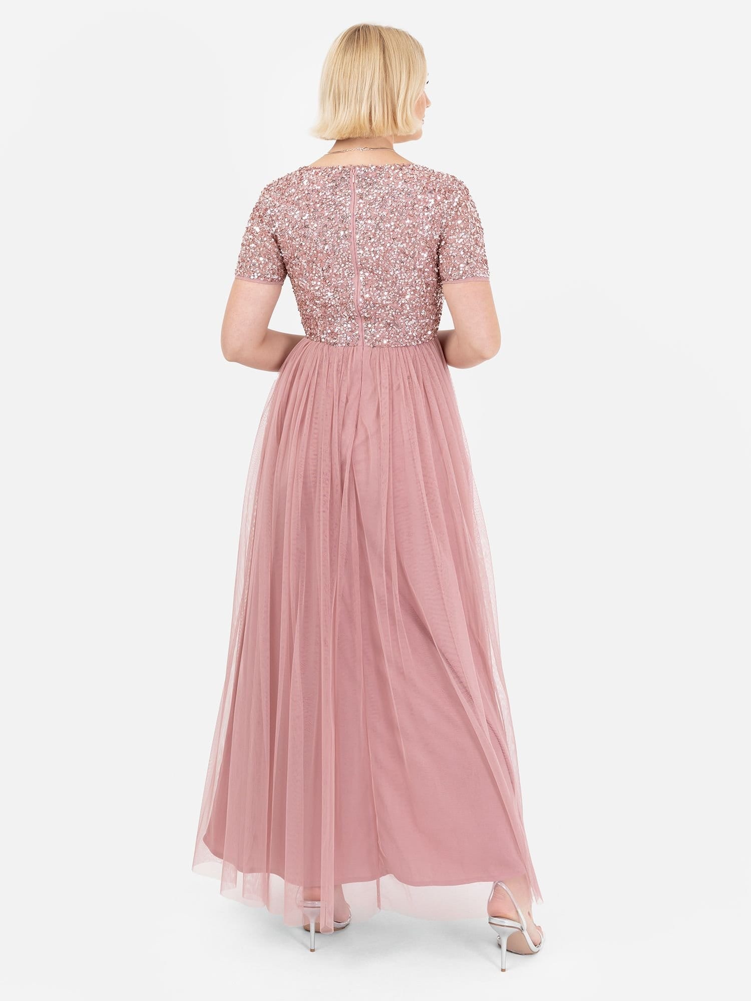 Maya Deluxe Maya Deluxe Women's Short Sleeve V Neck Embellished Maxi Dress in Dusty Pink - 4