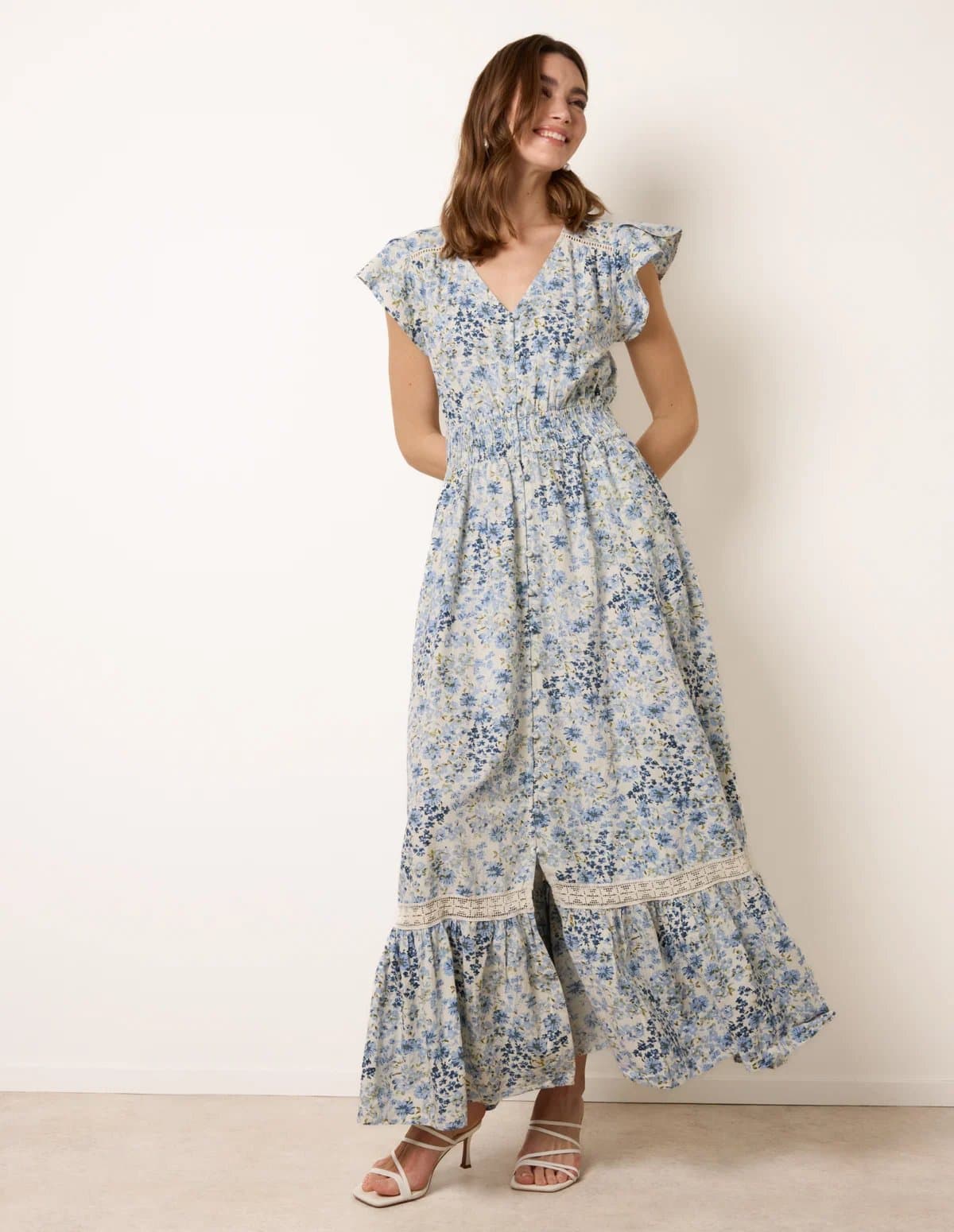 Blue Vanilla Ditsy Floral Print Shirred Waist Button Front Maxi Dress