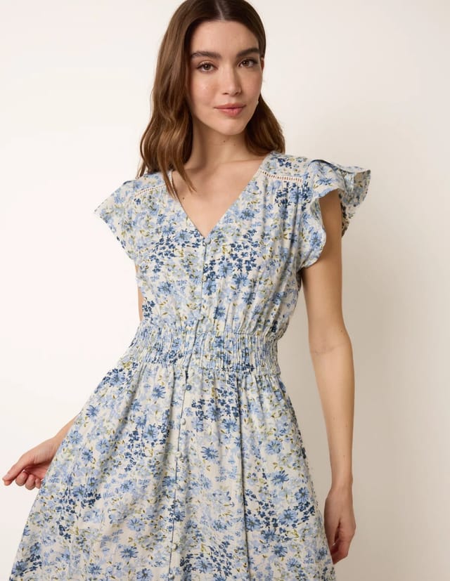 Blue Vanilla Ditsy Floral Print Shirred Waist Button Front Maxi Dress - 2
