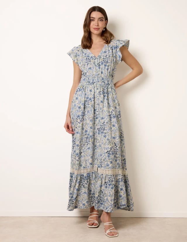 Blue Vanilla Ditsy Floral Print Shirred Waist Button Front Maxi Dress - 3