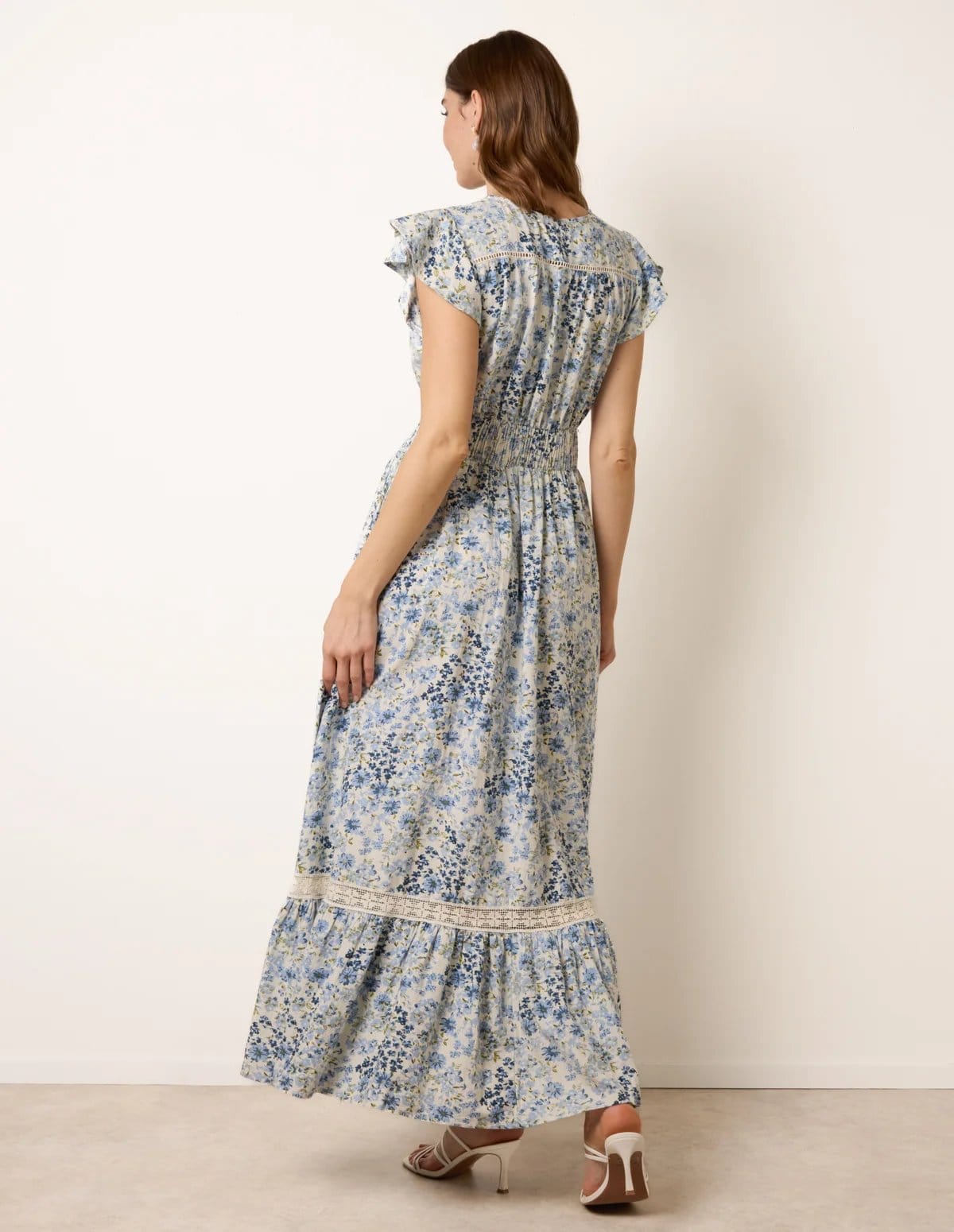 Blue Vanilla Ditsy Floral Print Shirred Waist Button Front Maxi Dress - 4