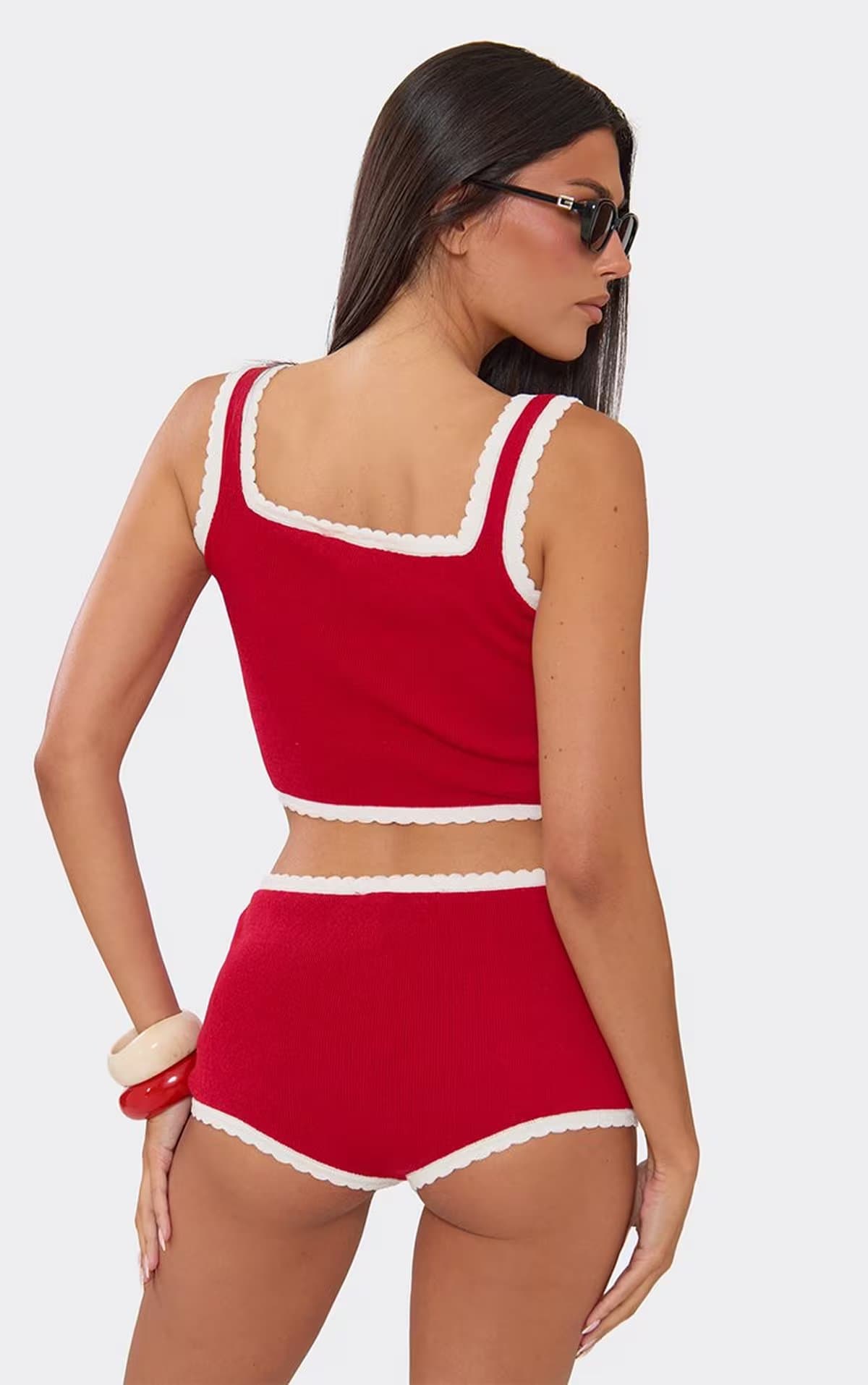EGO EGO Red Knit Low Rise Scallop Hem Embroidered Crop Top