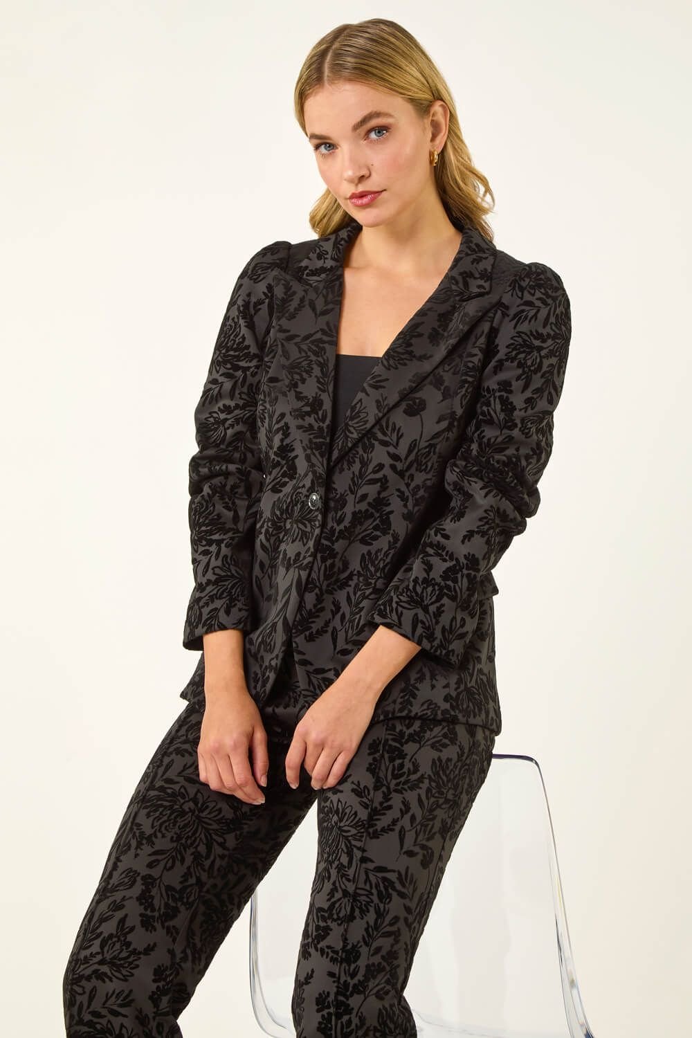 Dusk Dusk Women's Flocked Premium Stretch Blazer in Black - 2