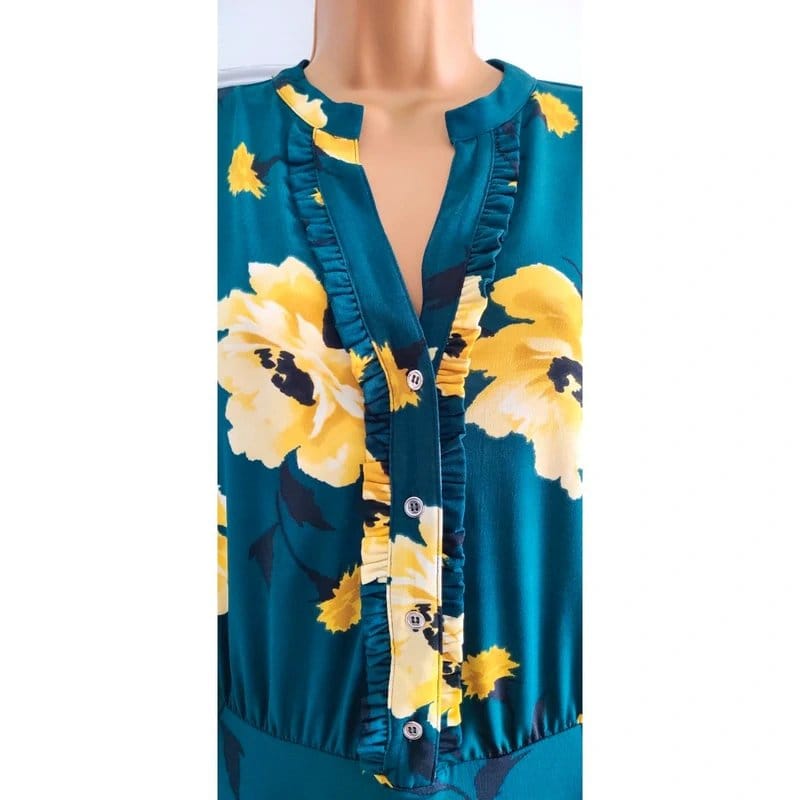 Oasis Green/Yellow Floral Frill Jersey Short Dress 3/4 Sleeves