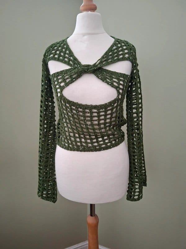 PLT Khaki Crochet Sequin Long Sleeved Top