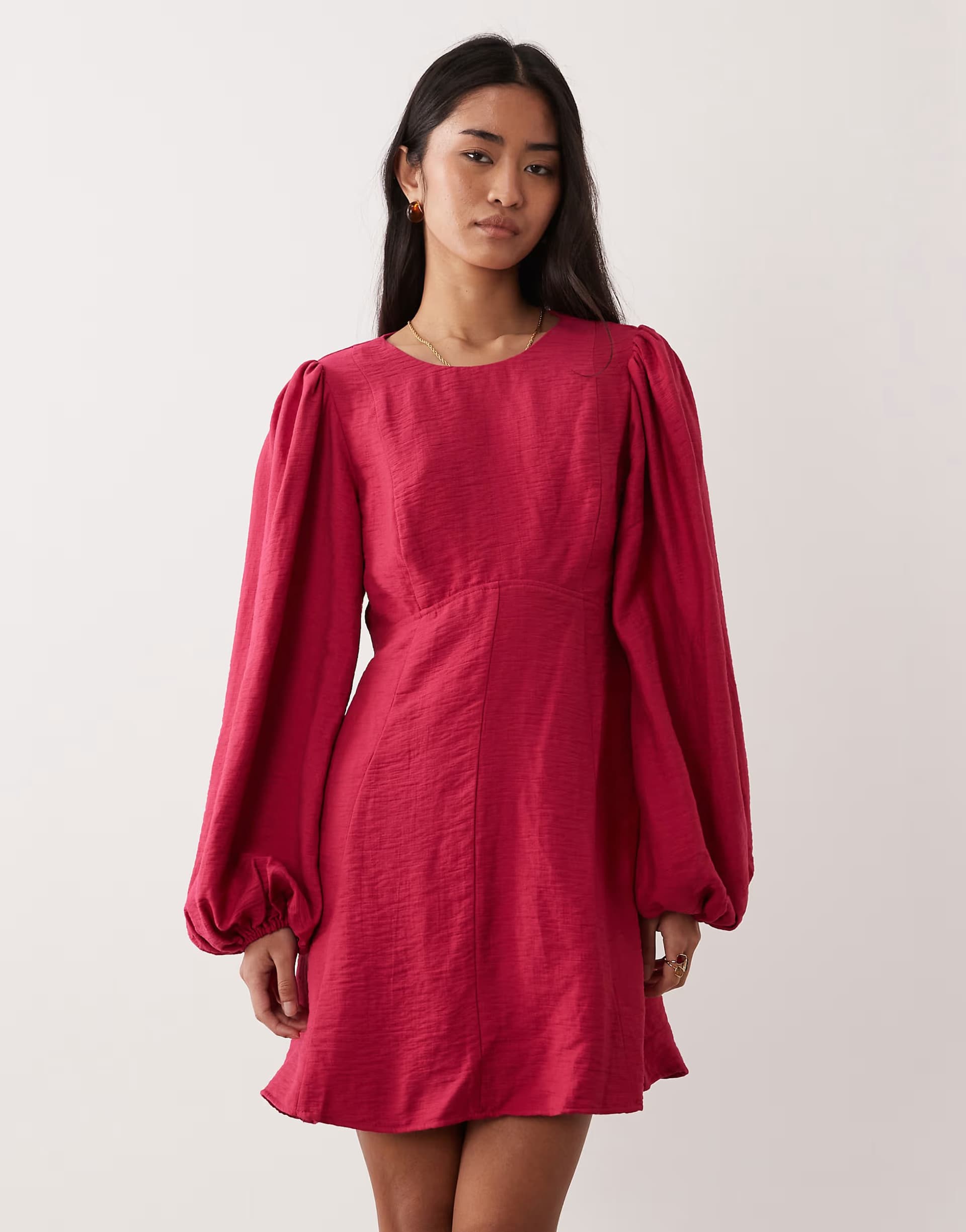 ASOS Nobody's Child Nicki occasion round neck puff sleeve mini dress in fuchsia pink