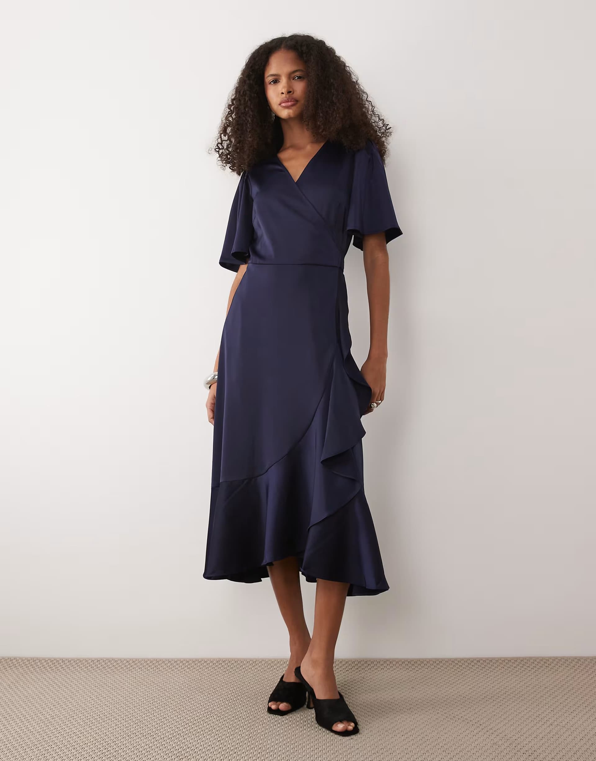 ASOS YAS satin midi wrap dress in navy