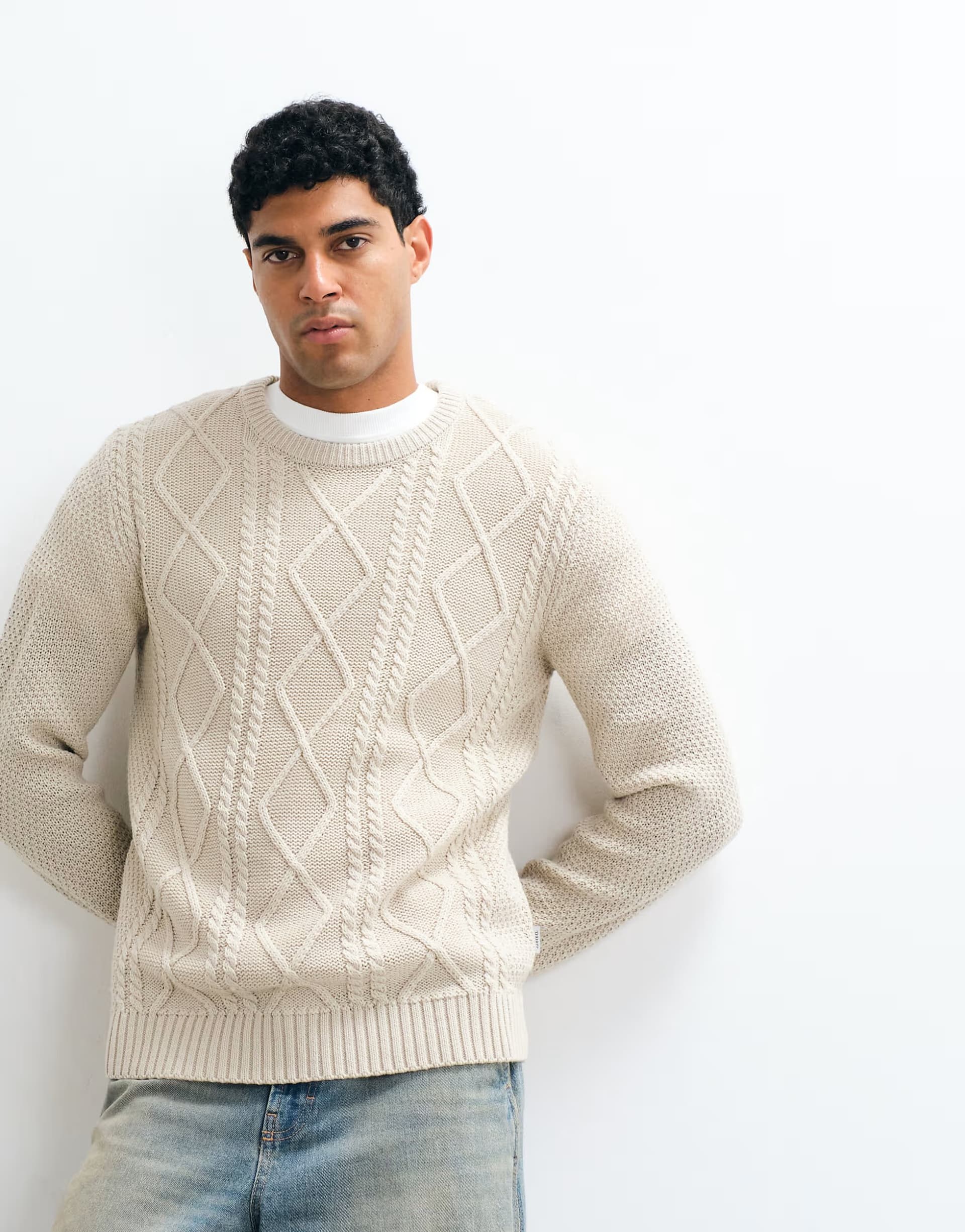 ASOS JJ Rebel cable knit jumper in cream