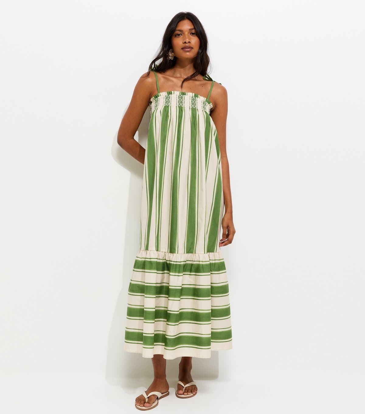 New Look Women's Green Cotton Striped Tie Strap Midi Dress New Look