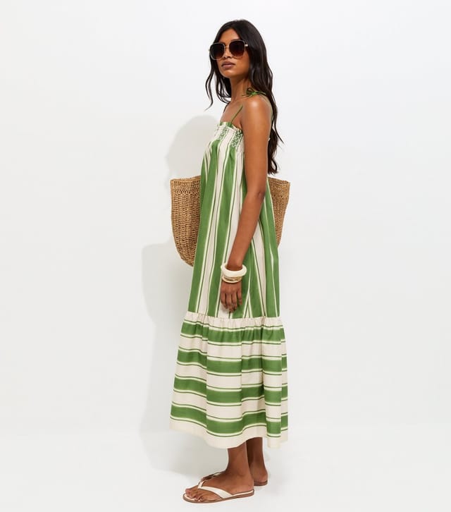 New Look Women's Green Cotton Striped Tie Strap Midi Dress New Look - 2