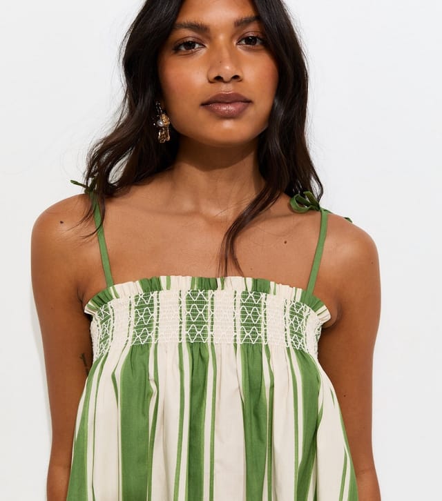 New Look Women's Green Cotton Striped Tie Strap Midi Dress New Look - 3