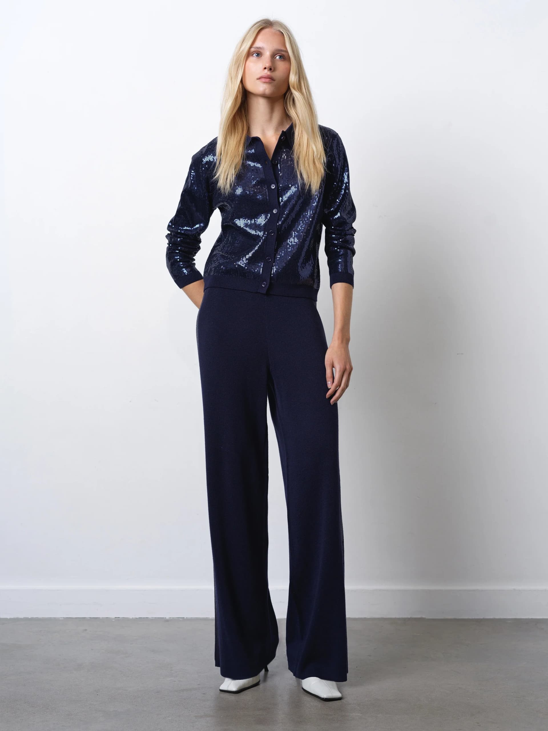 French Connection Hannah Knit Sequin Side Panel Wide Leg Trousers Navy Blue
