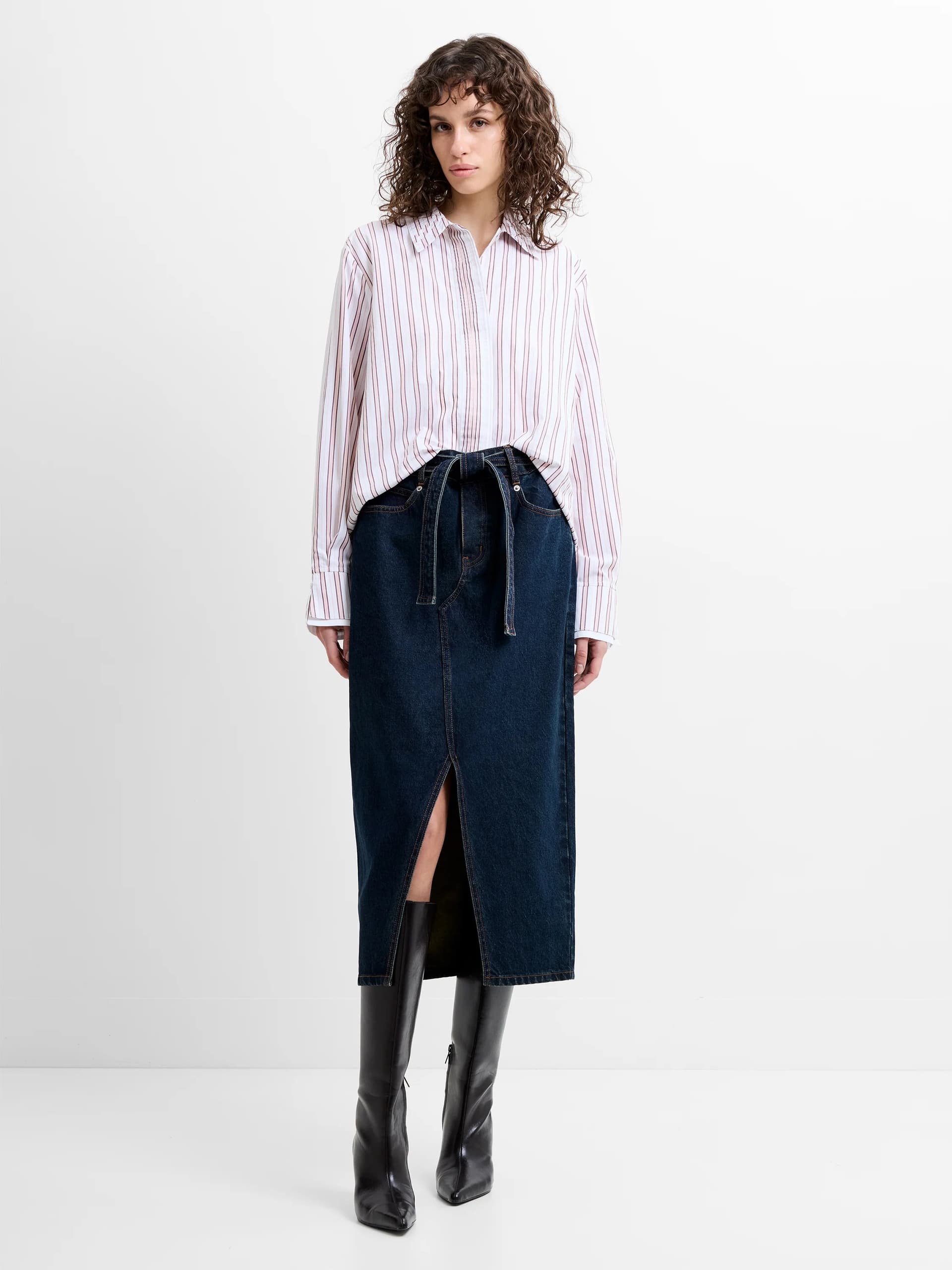 French Connection Dallas Denim Belted Midi Skirt Dark Indigo