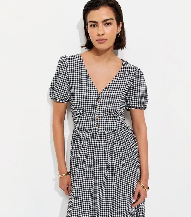 New Look Women's Black Crinkle Texture Gingham Button Front Short Sleeve Midi Dress New Look - 3