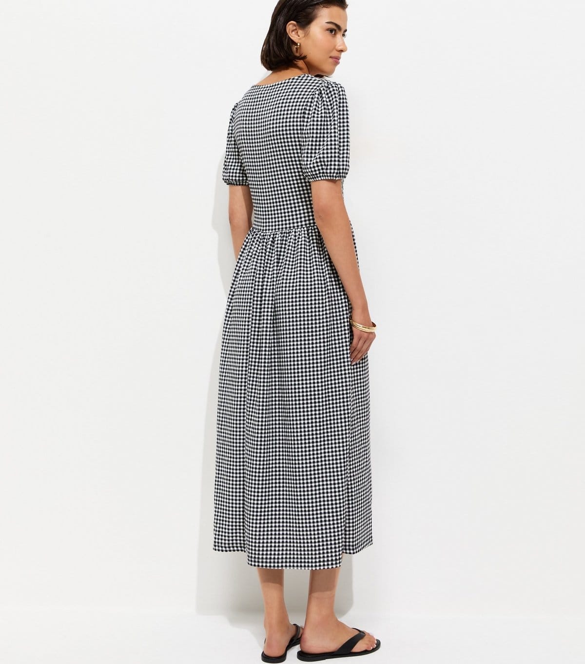 New Look Women's Black Crinkle Texture Gingham Button Front Short Sleeve Midi Dress New Look - 4