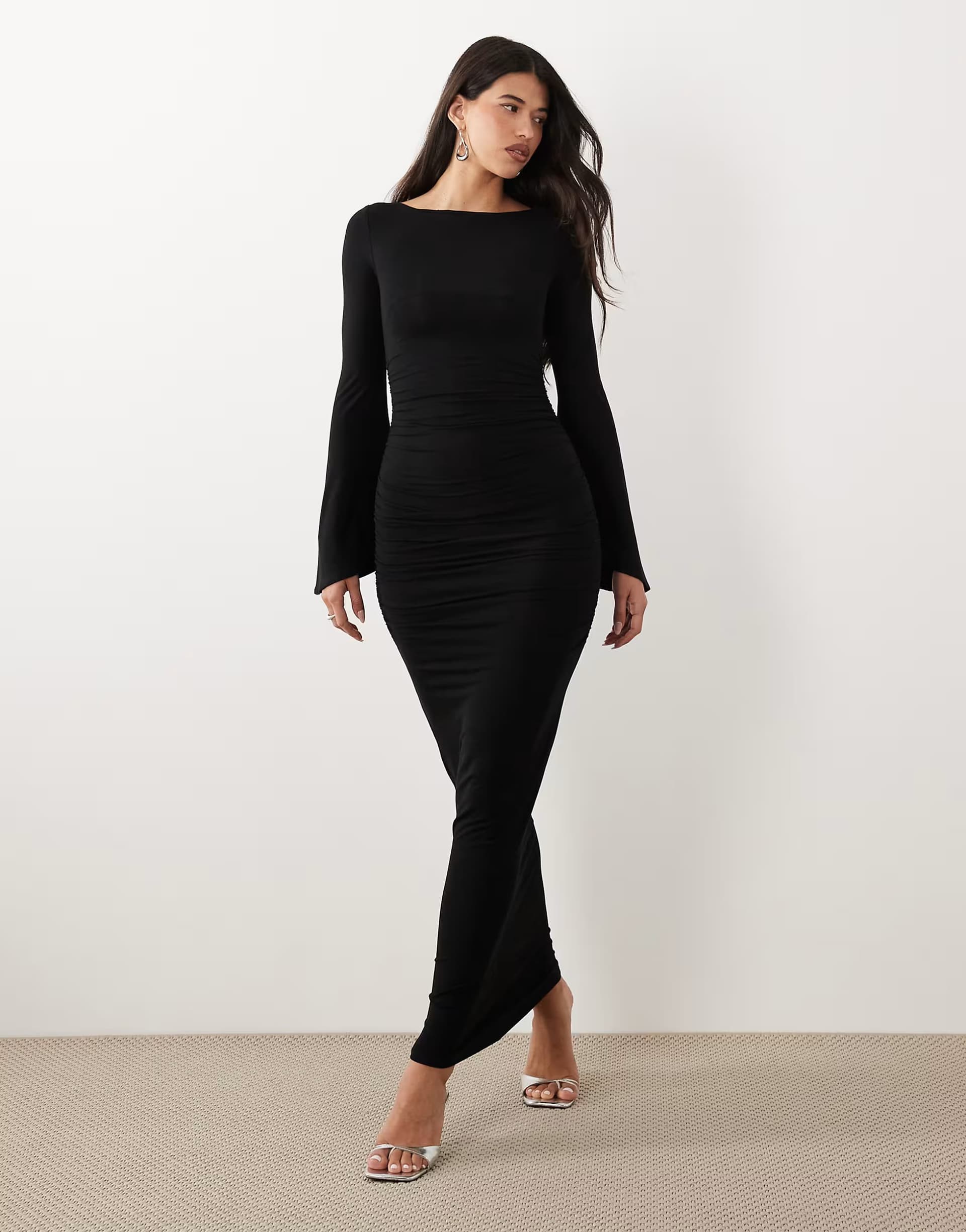 ASOS ASOS DESIGN waterfall sleeve ruched maxi dress in black